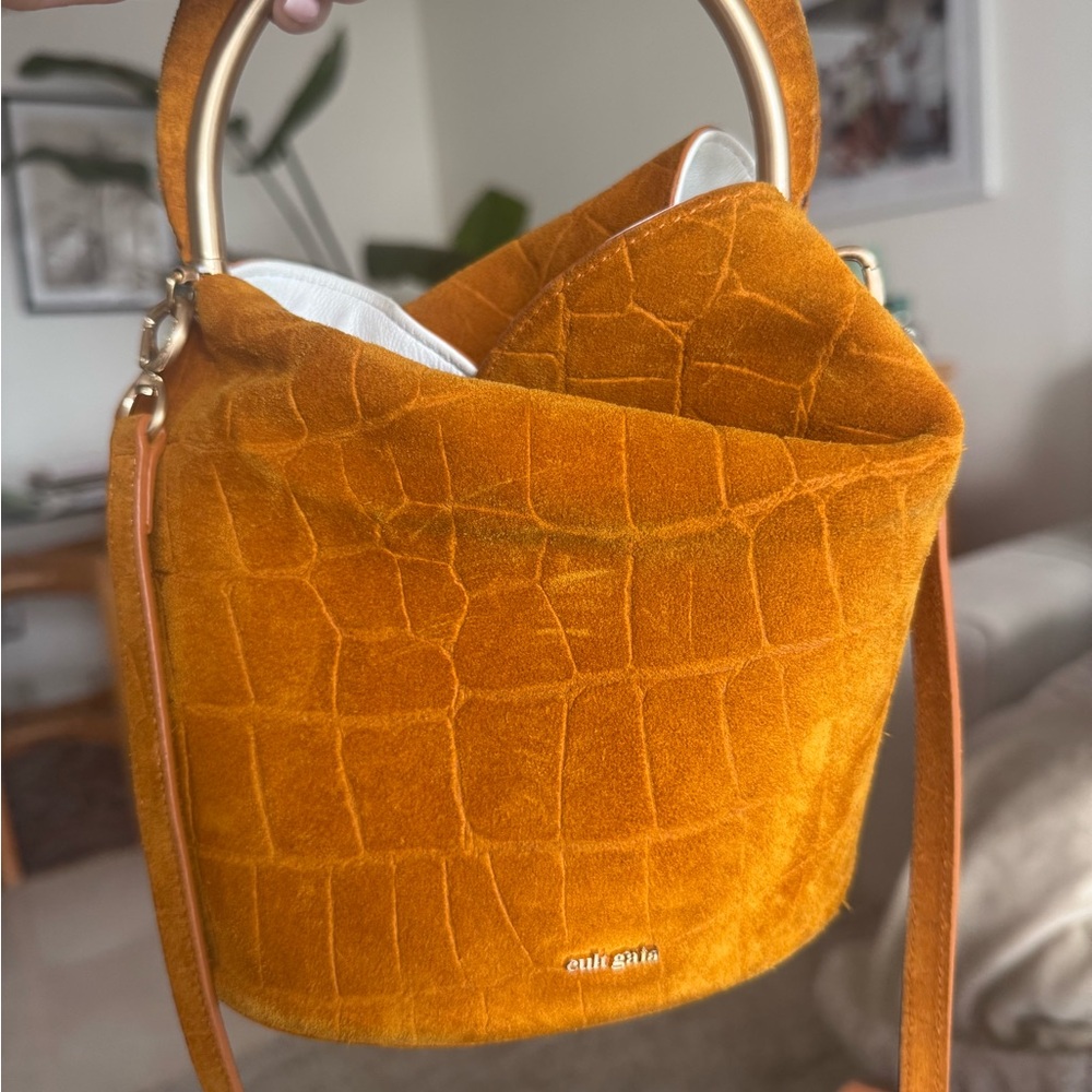 Cult Gaia Mustard Velvet Croc-Embossed Shoulder Bag